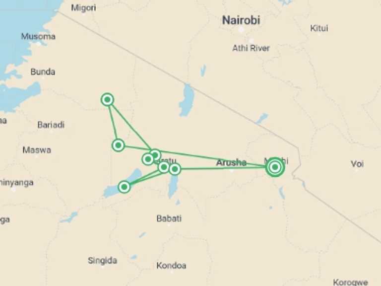 Map of 10-Day Ngorongoro Crater Tour with 9 destination visits for the trip: 10 Days Safari To Manyara, Serengiti, Ngorongoro & Ndutu