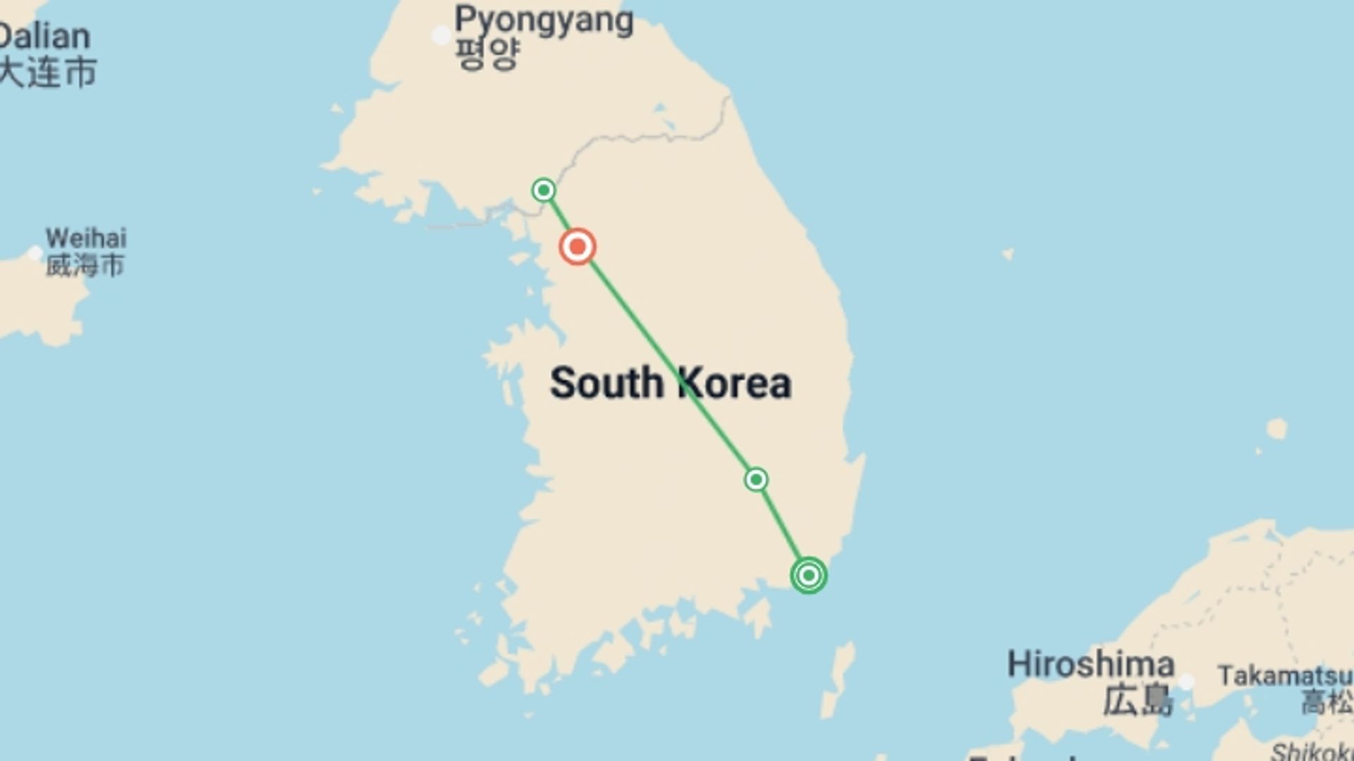 A map showing the tour itinerary for the trip: Shining South Korea, starting in Busan, South Korea and ending in Seoul, South Korea going through 1 other destinations.