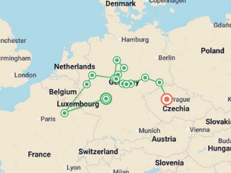 Map of Europe Tour with 6 destination visits for the trip: Tour of the Heart of Germany, Ending in Prague