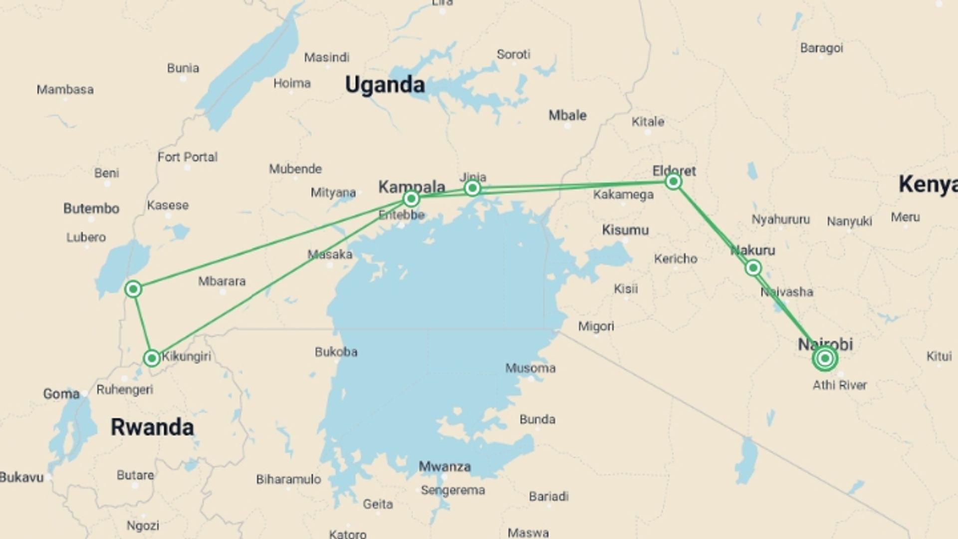 A map showing the tour itinerary for the trip: 14-day Game Parks  Gorillas Accommodated, starting in Nairobi, Kenya and ending in Nairobi, Kenya going through 6 other destinations.