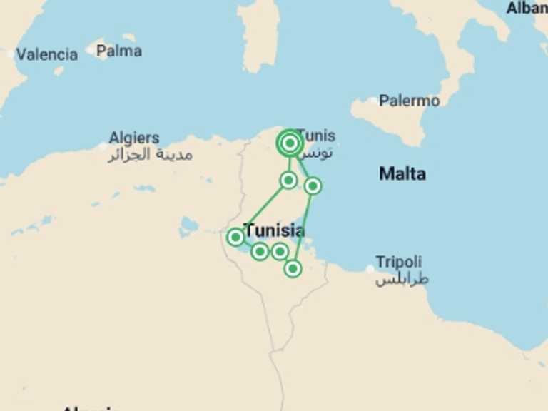 Map itinerary of Tunis Tour in May 2026 with 7 destination visits for the trip: Tunisia Expedition