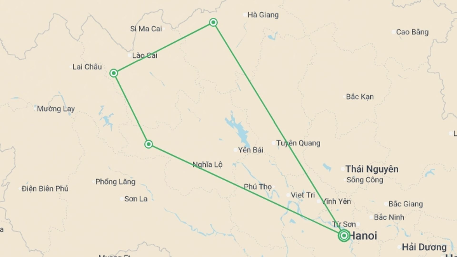 A map showing the tour itinerary for the trip: Premium Walking & Hiking in Vietnam, starting in Hanoi, Vietnam and ending in Hanoi, Vietnam going through 3 other destinations.