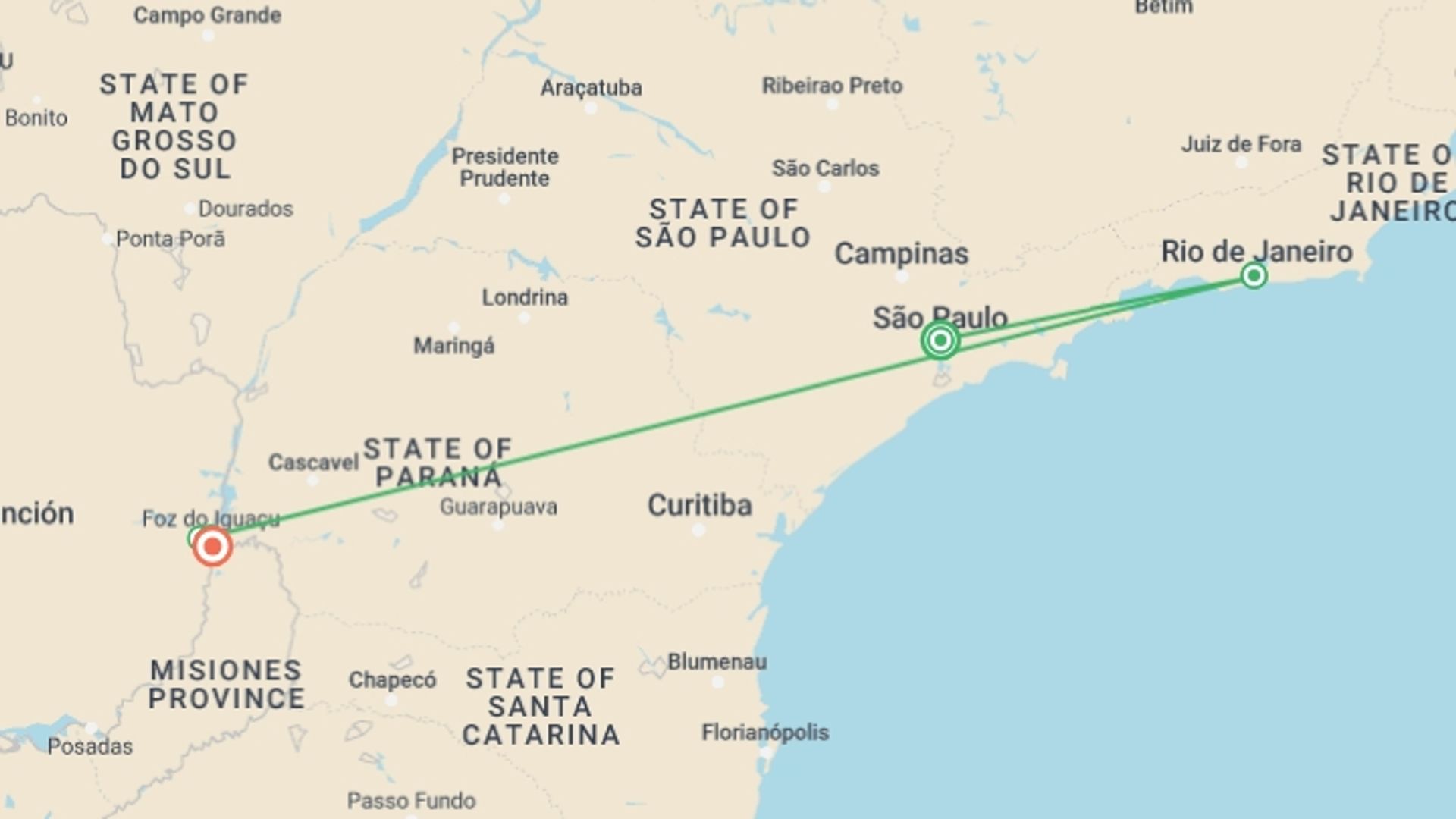 A map showing the tour itinerary for the trip: Sao Paulo, Rio de Janeiro & Iguazu Falls, starting in Sao Paulo, Brazil and ending in Puerto Iguazu, Argentina going through 5 other destinations.