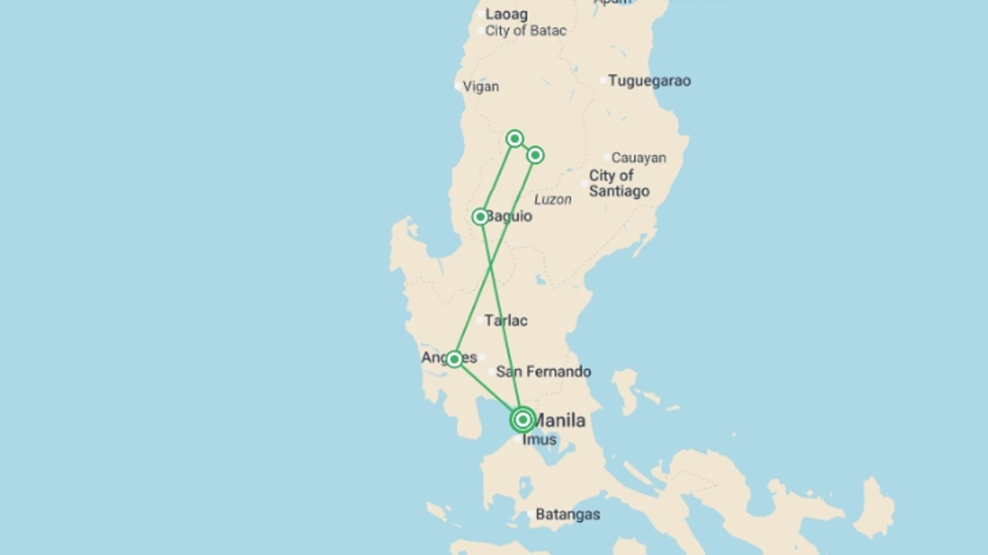 A map showing the tour itinerary for the trip: Northern Philippines Highlights, starting in Manila, Philippines and ending in Manila, Philippines going through 4 other destinations.