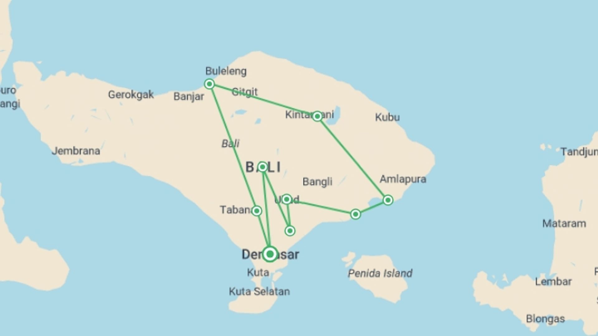 A map showing the tour itinerary for the trip: Pure Of Bali, Private Tour, starting in Denpasar, Indonesia and ending in Denpasar, Indonesia going through 4 other destinations.
