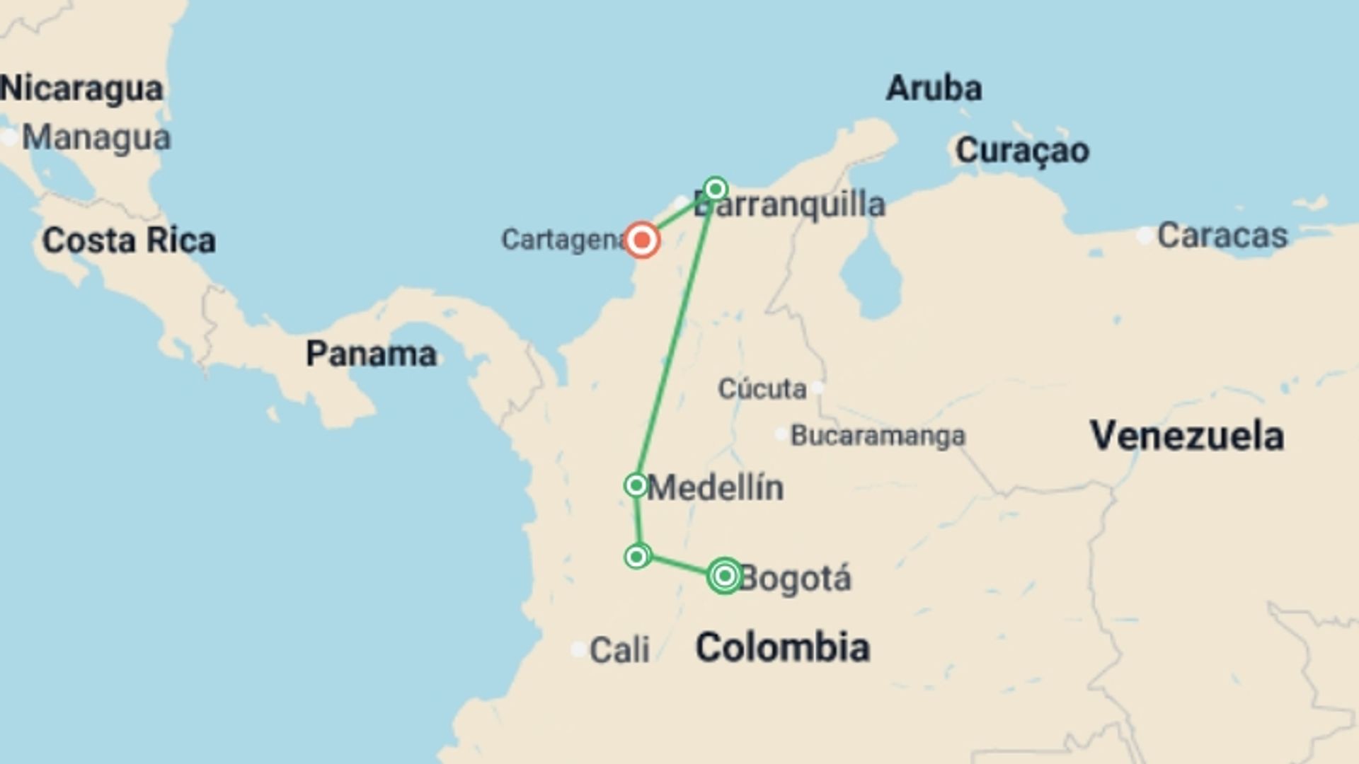 A map showing the tour itinerary for the trip: Bogota to Cartagena Travel Pass, starting in Bogota, Colombia and ending in El Totumo, Colombia going through 5 other destinations.