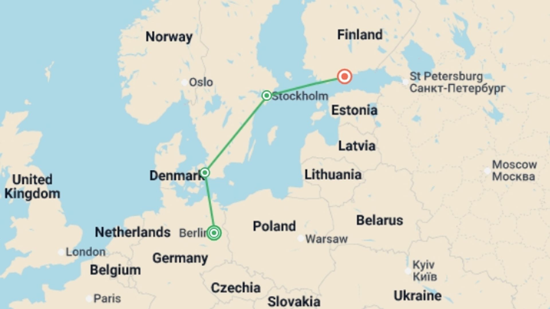 A map showing the tour itinerary for the trip: Explore Berlin to Helsinki, starting in Berlin, Germany and ending in Helsinki, Finland going through 2 other destinations.