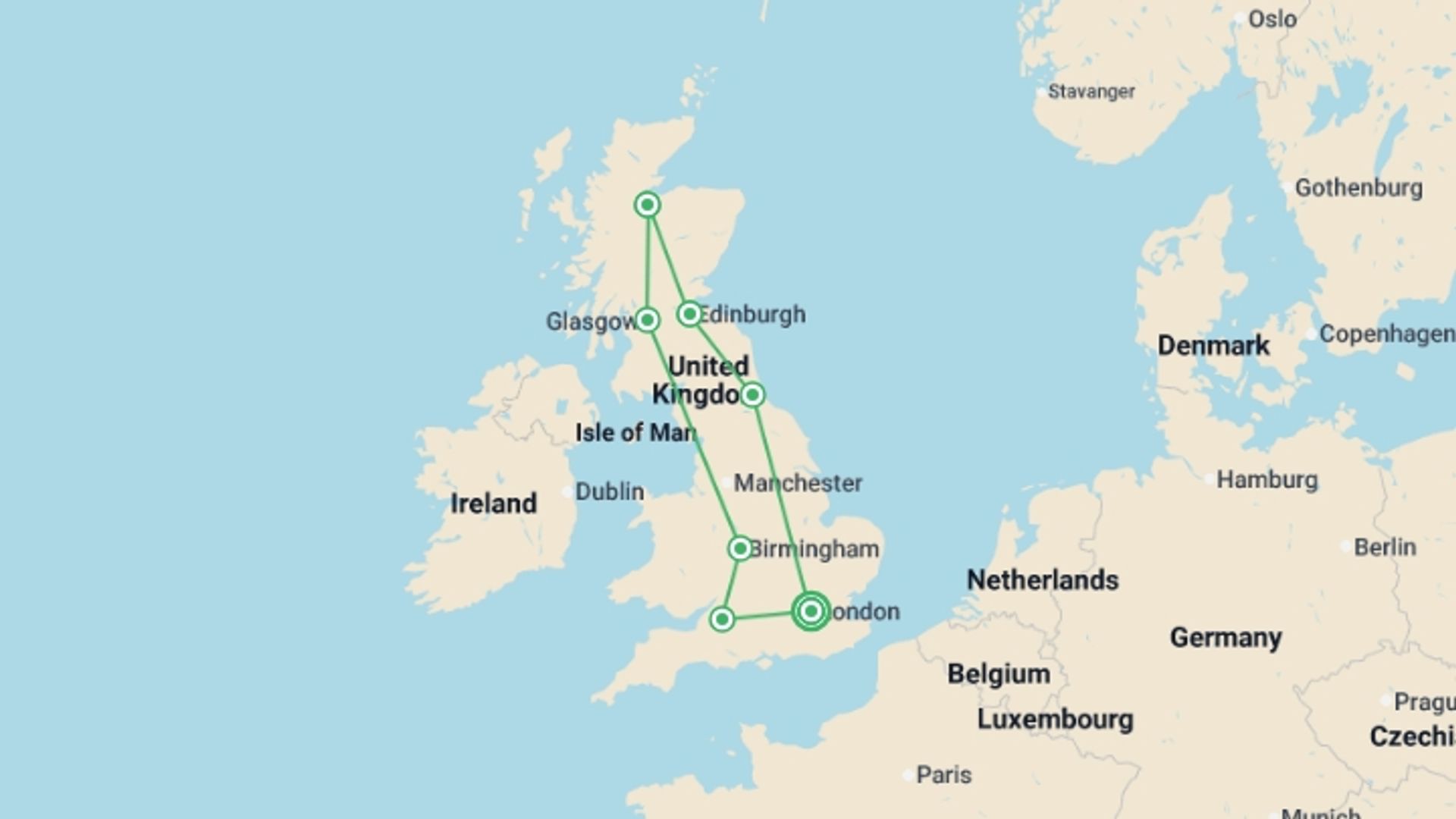 A map showing the tour itinerary for the trip: English and Scottish Heritage Explorer - 13 days, starting in London, England and ending in London, England going through 6 other destinations.