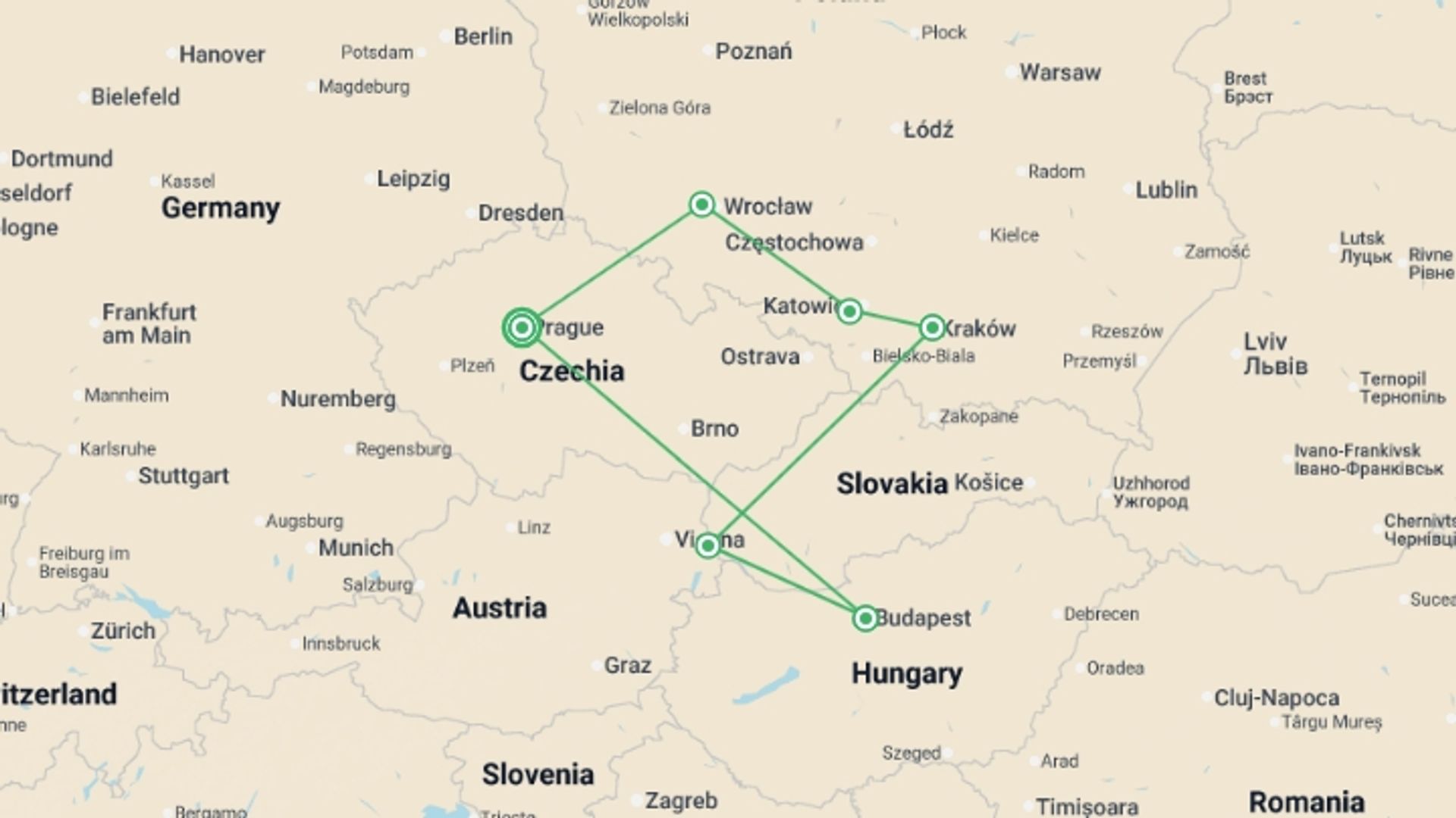 A map showing the tour itinerary for the trip: Czech Republic, Budapest, and Heart of Poland, Ending in Prague, starting in Prague, Czech Republic and ending in Prague, Czech Republic going through 3 other destinations.