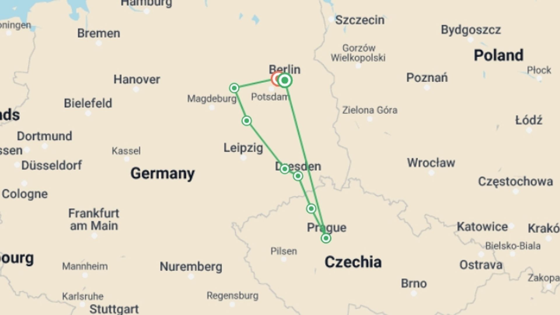 A map showing the tour itinerary for the trip: New Year's on a cruise, between Prague and Berlin (port-to-port cruise), starting in Prague, Czech Republic and ending in Prague, Czech Republic going through 6 other destinations.