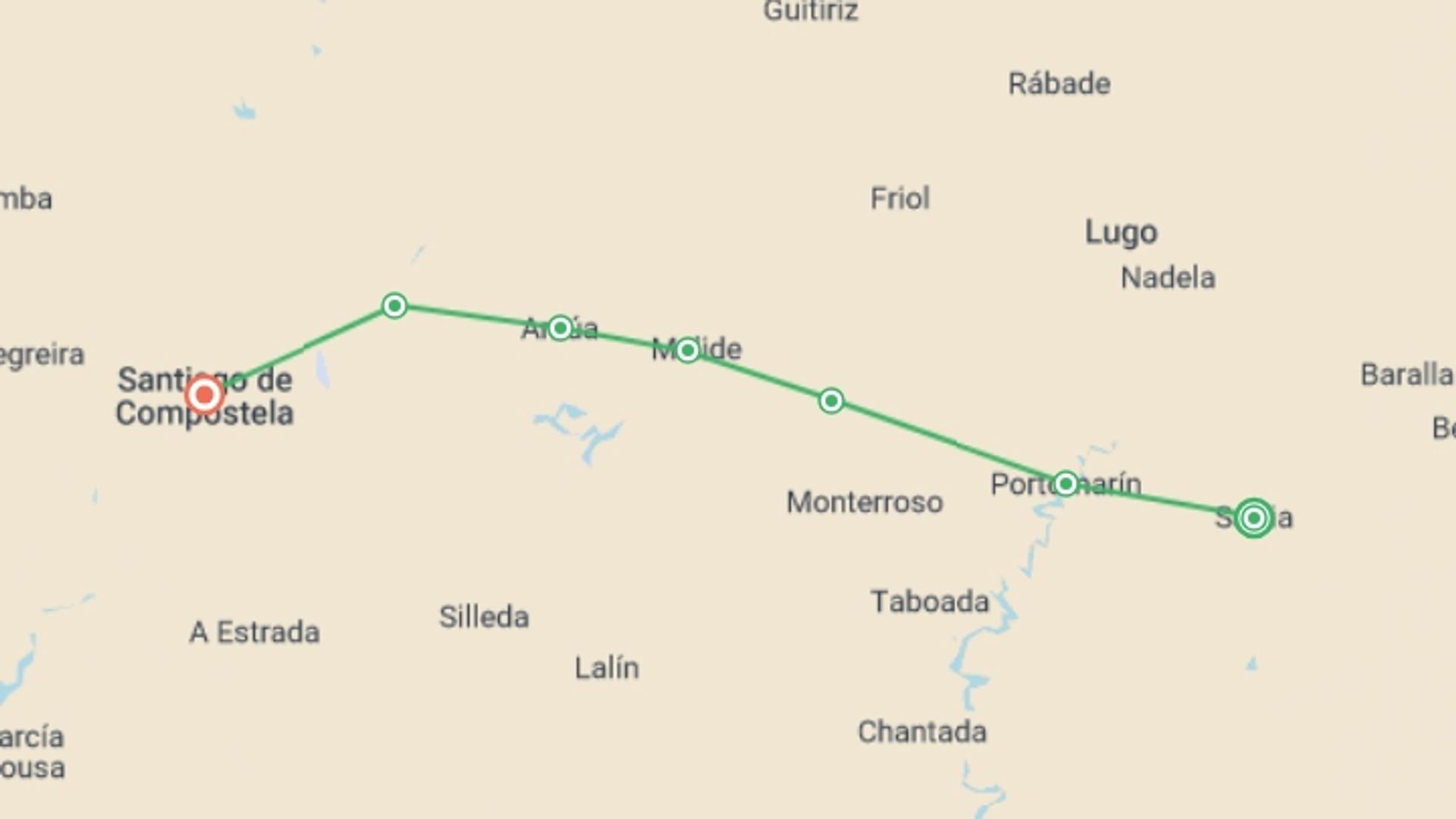 A map showing the tour itinerary for the trip: Guided Camino Walk - Sarria to Santiago, starting in Sarria, Spain and ending in Santiago De Compostela, Spain going through 5 other destinations.