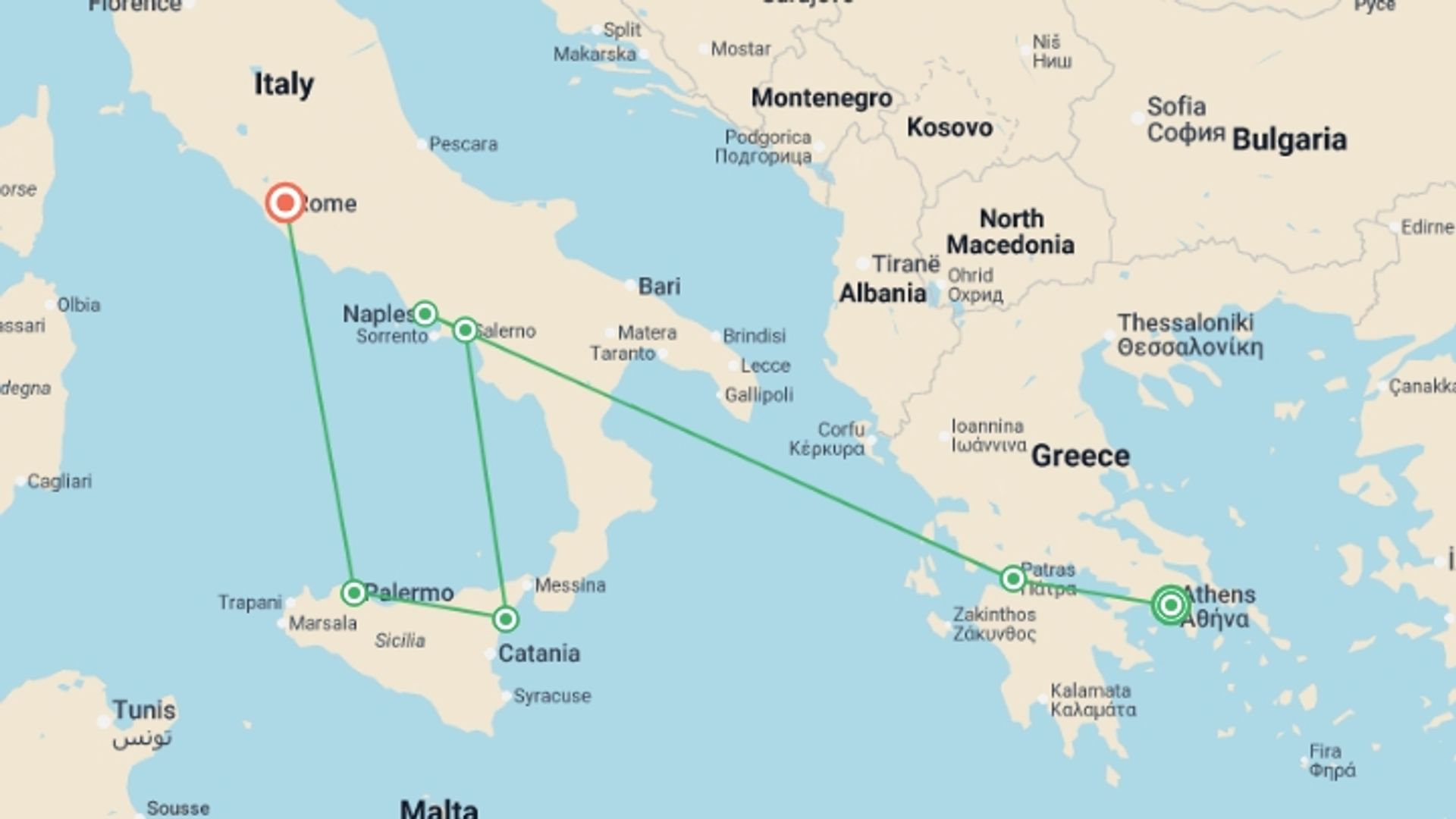 A map showing the tour itinerary for the trip: Mediterranean Odyssey Greece to Italy Venture - 13 days, starting in Athens, Greece and ending in Rome, Italy going through 5 other destinations.