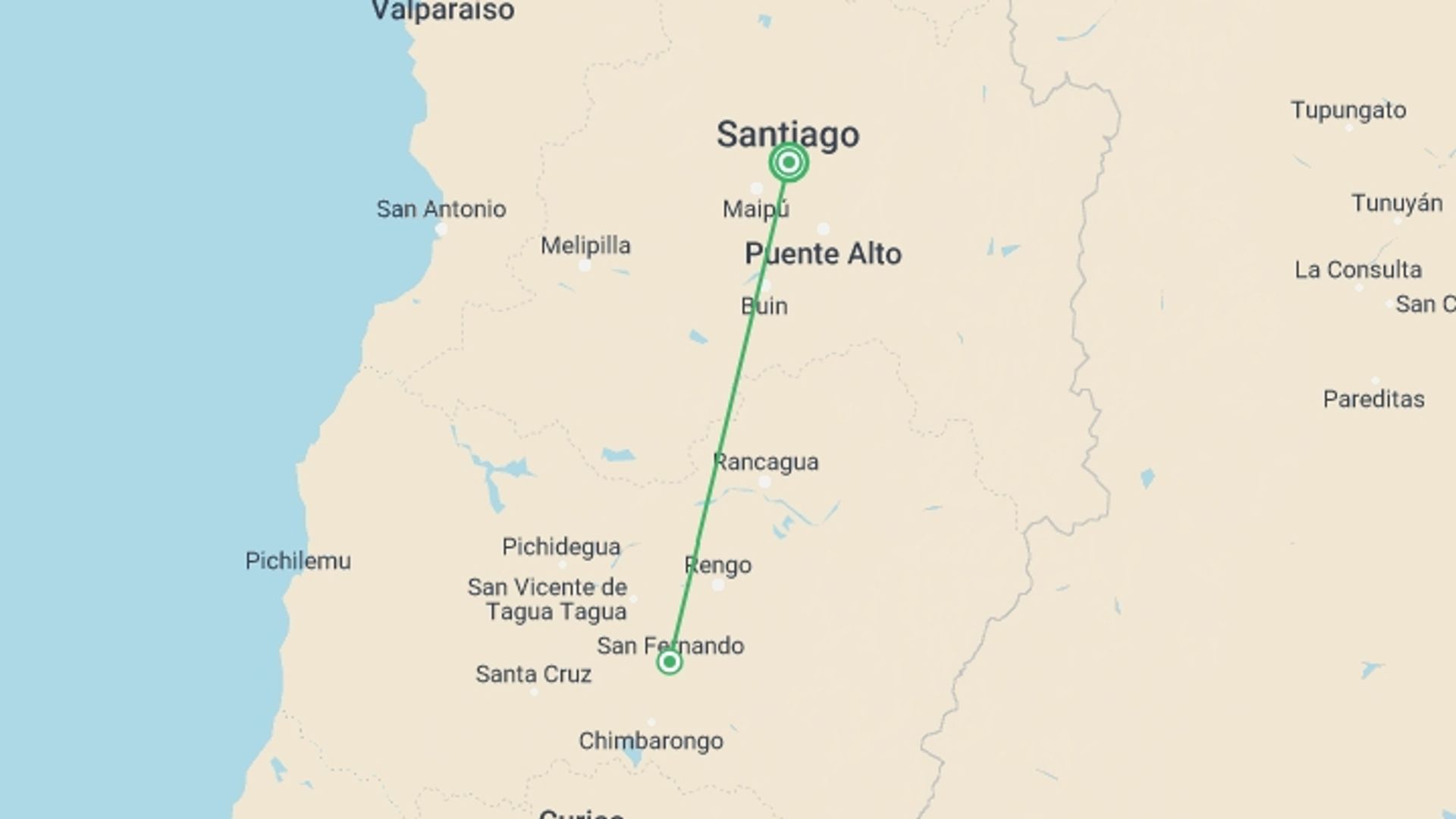 A map showing the tour itinerary for the trip: 3 Day Wine & Dine Tour: Colchagua Valley, starting in Santiago, Chile and ending in Santiago, Chile going through 1 other destinations.
