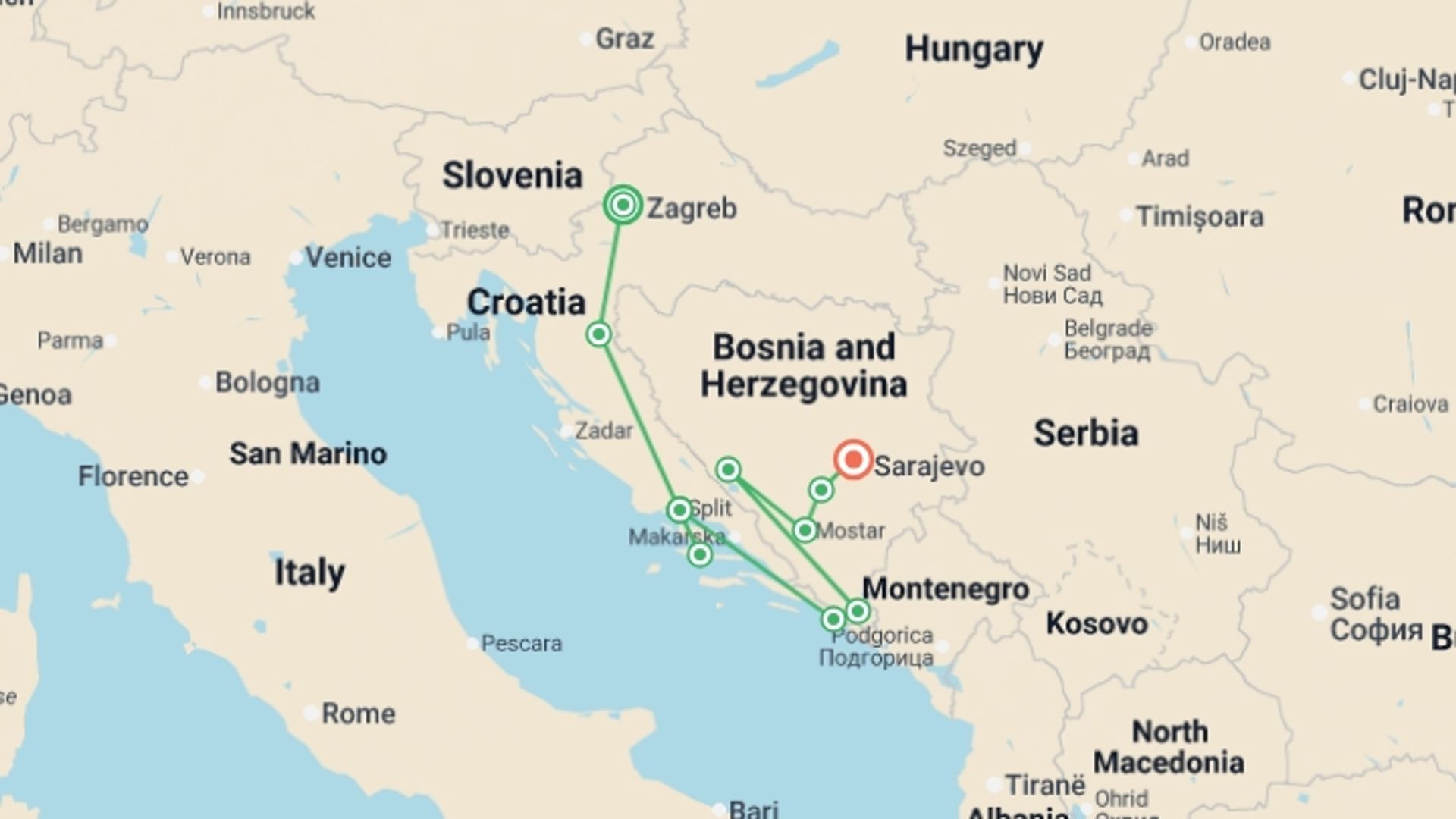 A map showing the tour itinerary for the trip: Croatia to Bosnia: Bustling Cities & Beautiful Sights, starting in Zagreb, Croatia and ending in Sarajevo, Bosnia Herzegovina going through 7 other destinations.