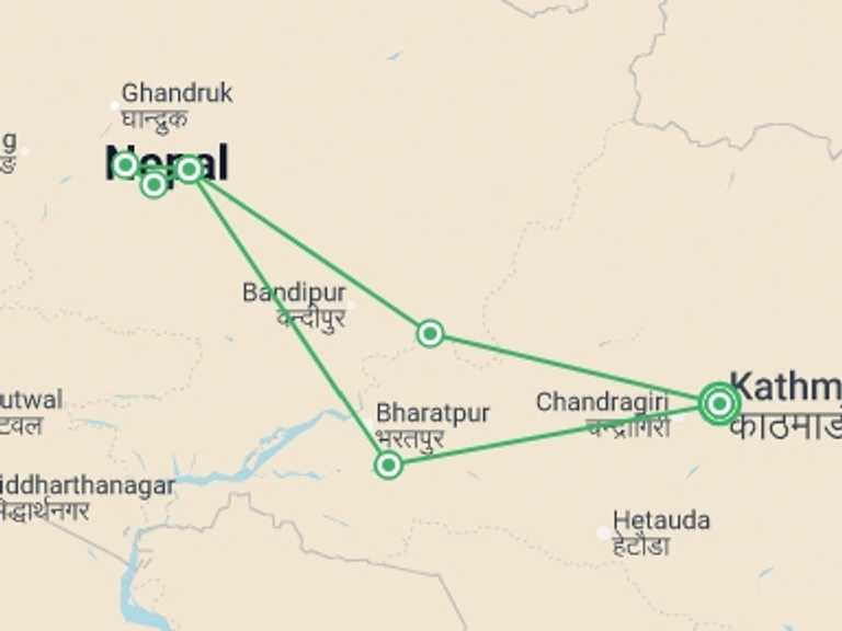 Map itinerary of Asia Tour in October 2026 with 6 destination visits for the trip: Walking the Annapurna Foothills