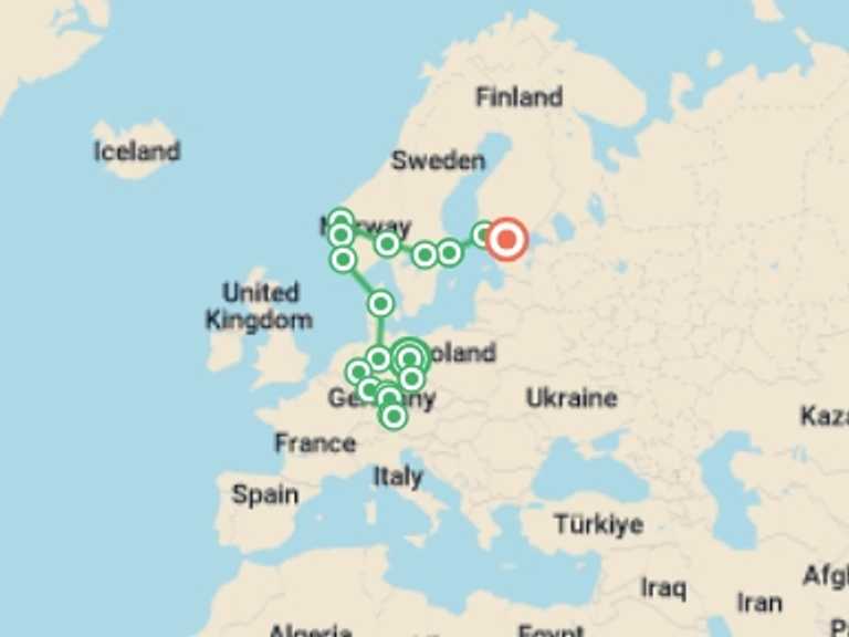 Map itinerary of Berlin Tour in Spring with 13 destination visits for the trip: Germany and Scandinavia end Helsinki