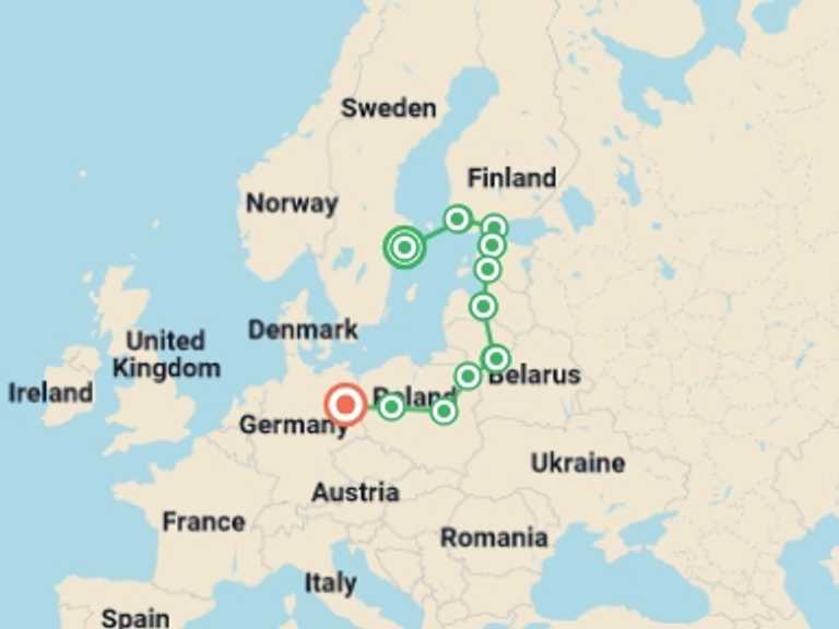 Map itinerary of Vilnius Tour in February 2026 with 10 destination visits for the trip: Nordic Capitals and Berlin