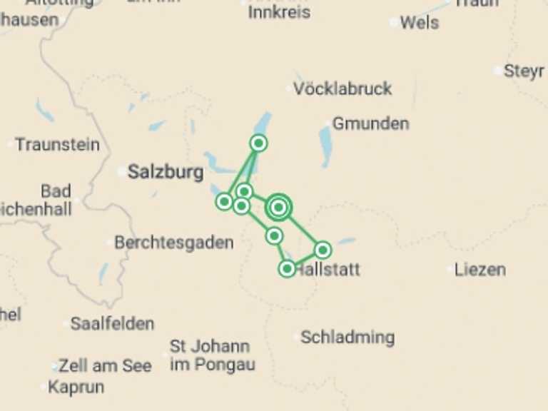 Map itinerary of Europe Tour in October 2026 with 7 destination visits for the trip: Austrian Lakes Walk