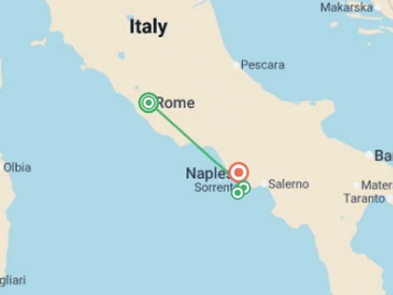 Map of 8-Day Italy Tour with 4 destination visits for the trip: La Dolce Vita, Private Tour