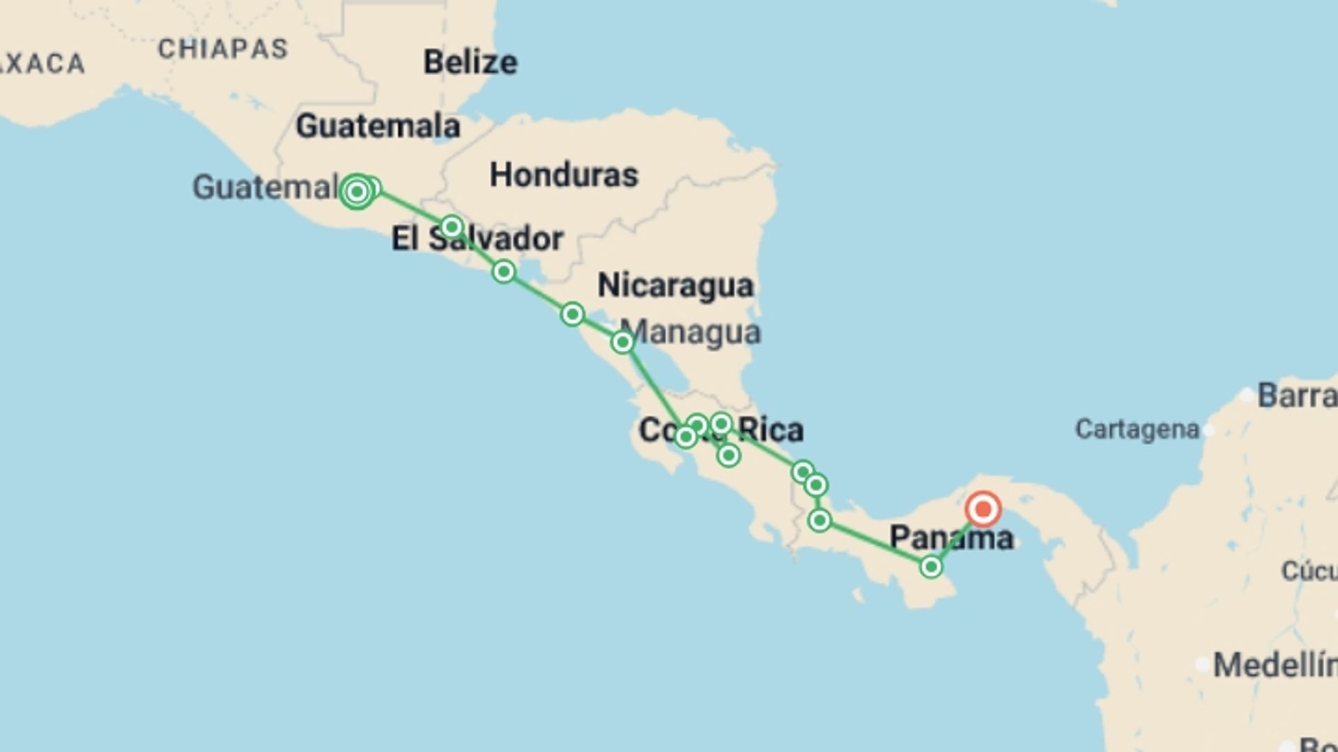 A map showing the tour itinerary for the trip: Amazing Central America, starting in Antigua, Guatemala and ending in Panama City, Panama going through 15 other destinations.
