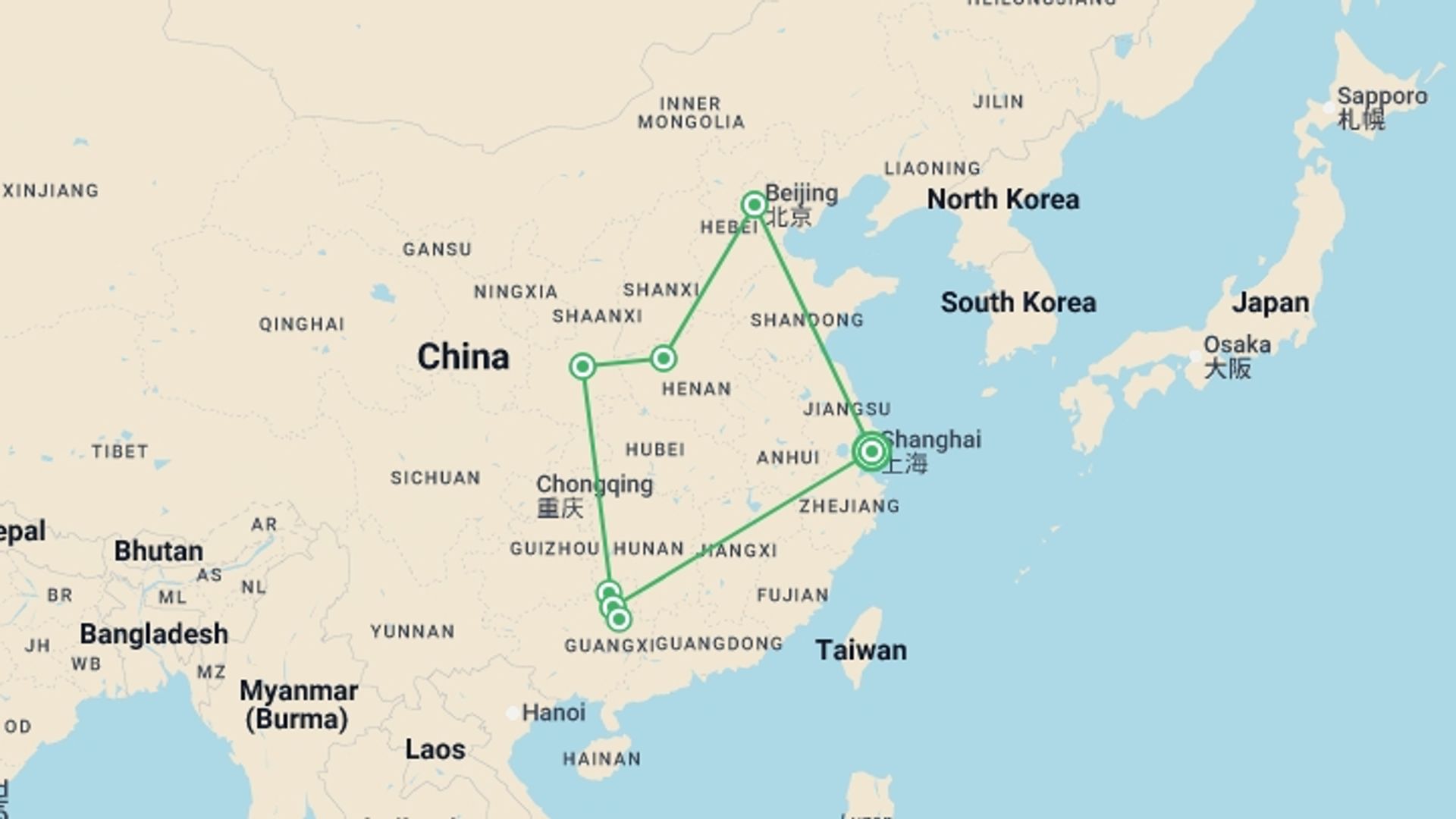 A map showing the tour itinerary for the trip: Shanghai to the Dragon's Backbone - 14 days, starting in Shanghai, China and ending in Shanghai, China going through 5 other destinations.