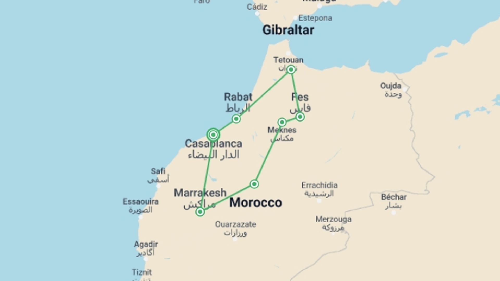 A map showing the tour itinerary for the trip: Imperial Cities Of Morocco From Casablanca 9 Days, Private Tour, starting in Casablanca, Morocco and ending in Casablanca, Morocco going through 5 other destinations.