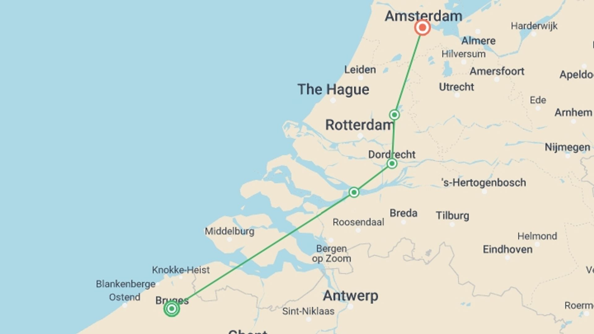 A map showing the tour itinerary for the trip: Cycling from Bruges to Amsterdam, starting in Bruges, Belgium and ending in Amsterdam, Holland going through 3 other destinations.