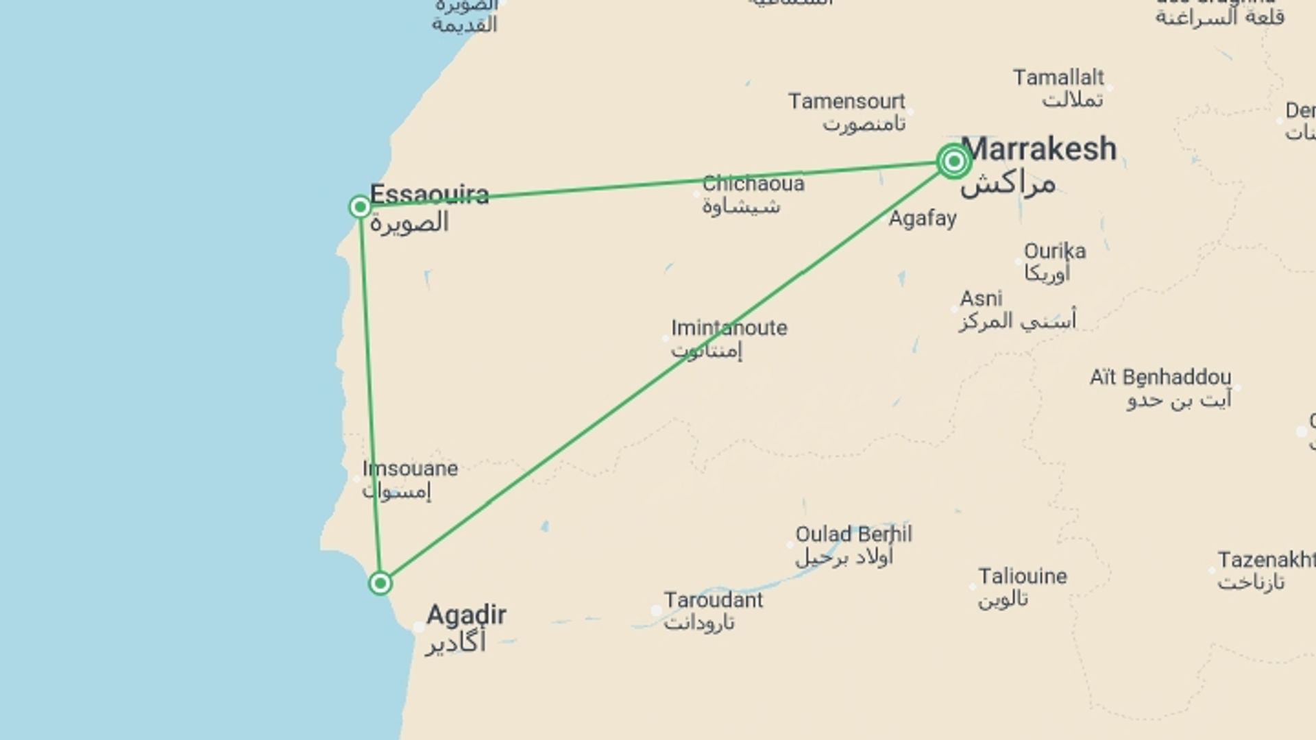 A map showing the tour itinerary for the trip: Coastal Morocco: Waves & Market Stalls, starting in Marrakech, Morocco and ending in Marrakech, Morocco going through 2 other destinations.