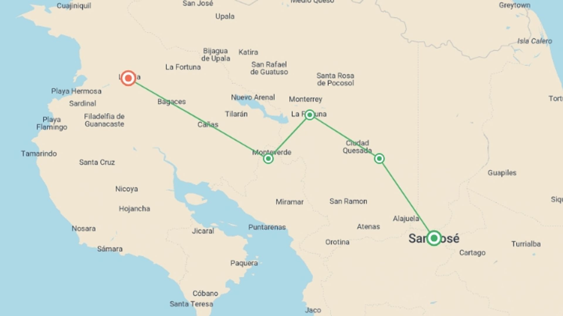 A map showing the tour itinerary for the trip: Signature: Costa Rica's Monteverde, Arenal & Guanacaste, starting in San Jose, Costa Rica and ending in Guanacaste, Costa Rica going through 3 other destinations.