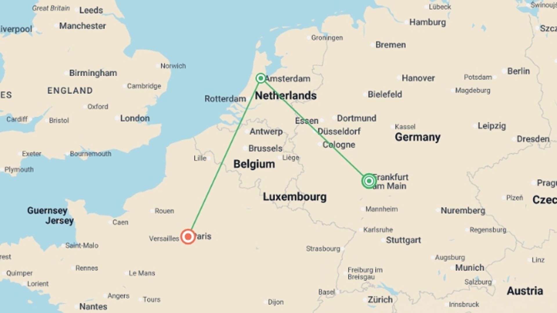 A map showing the tour itinerary for the trip: From Frankfurt to Paris, starting in Frankfurt, Germany and ending in Paris, France going through 1 other destinations.