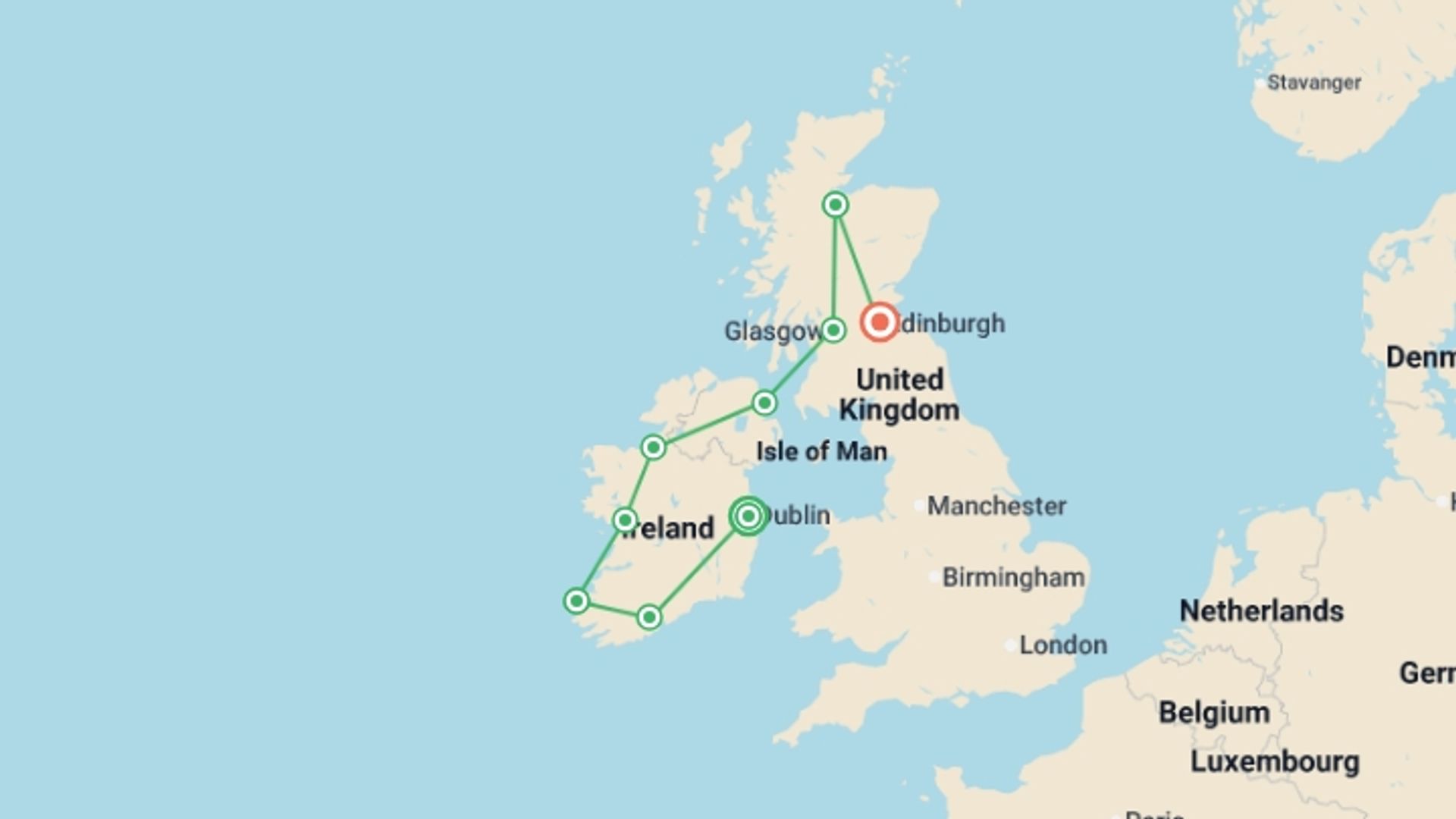 A map showing the tour itinerary for the trip: Best of Ireland & Scotland, starting in Dublin, Ireland and ending in Edinburgh, Scotland going through 9 other destinations.