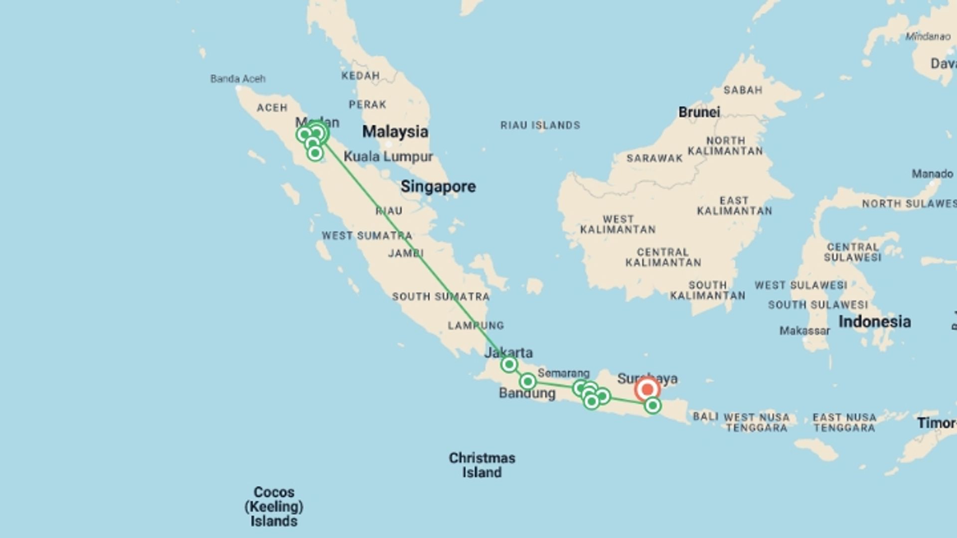 A map showing the tour itinerary for the trip: Best of Java & Sumatra, starting in Medan, Indonesia and ending in Surabaya, Indonesia going through 12 other destinations.