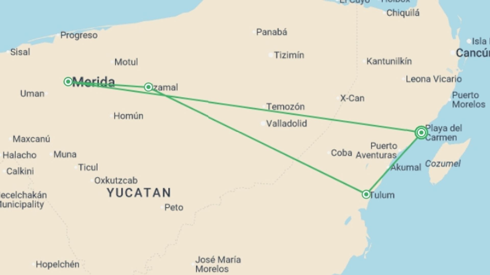 A map showing the tour itinerary for the trip: Mexico Family Holiday, starting in Playa Del Carmen, Mexico and ending in Playa Del Carmen, Mexico going through 3 other destinations.