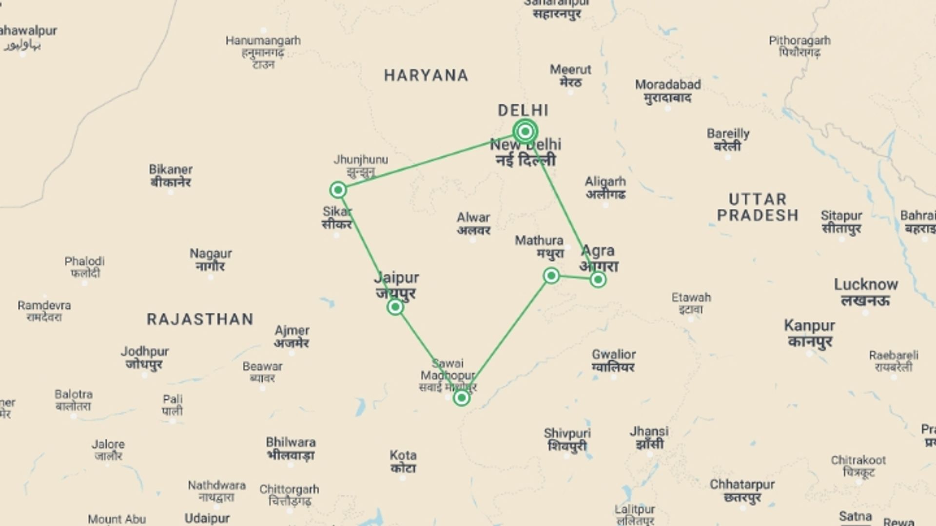 A map showing the tour itinerary for the trip: Rustic Rajasthan, starting in New Delhi, India and ending in New Delhi, India going through 5 other destinations.