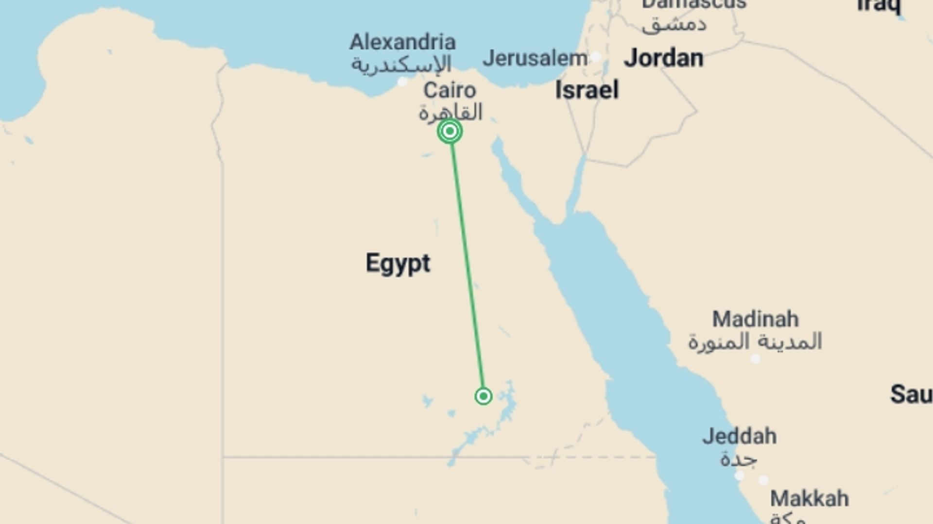 A map showing the tour itinerary for the trip: Classic Egypt, starting in Cairo, Egypt and ending in Cairo, Egypt going through 1 other destinations.
