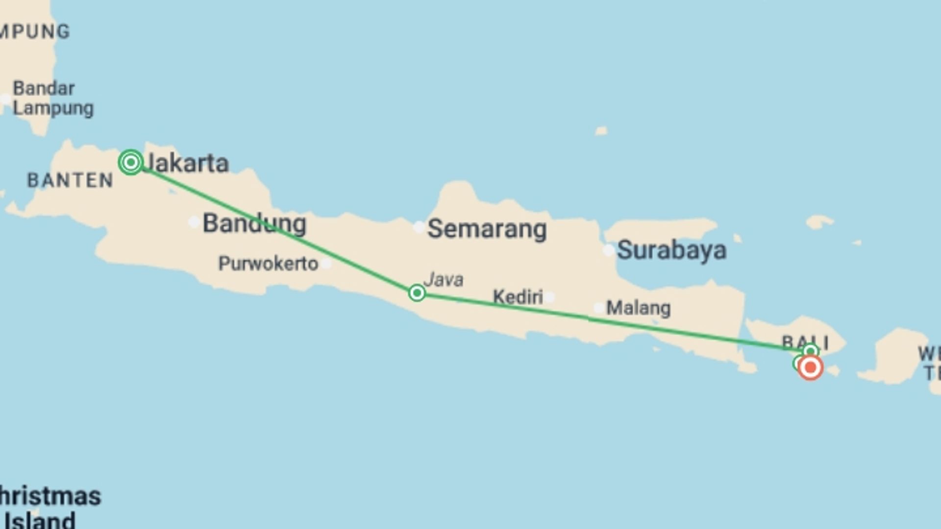 A map showing the tour itinerary for the trip: Premium Java and Bali, starting in undefined, Indonesia and ending in undefined, Indonesia going through 0 other destinations.