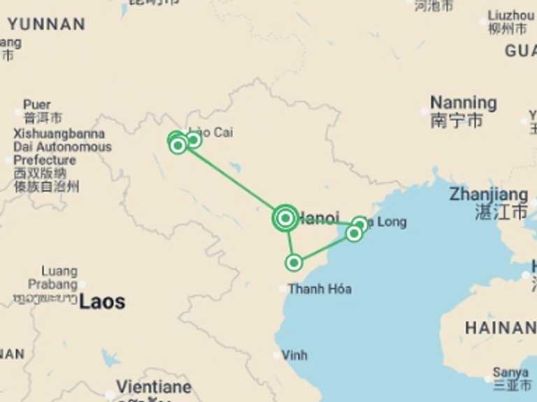 Map itinerary of Hanoi Tour in December 2026 with 6 destination visits for the trip: Hiking North Vietnam - 8 days