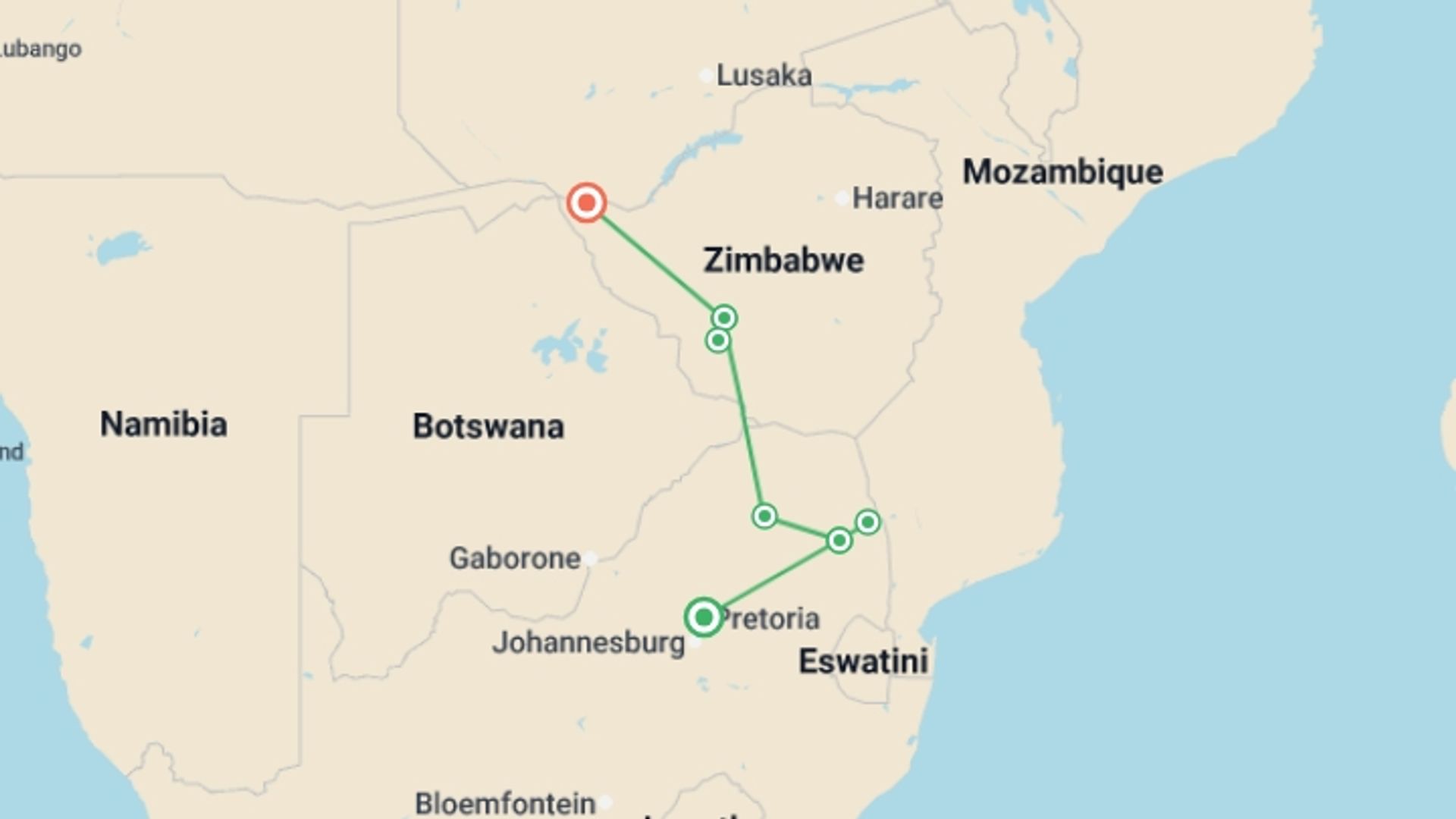 A map showing the tour itinerary for the trip: 7-day Kruger  Matobo Rhino Encounter Accommodated, starting in Pretoria, South Africa and ending in Victoria Falls, Zimbabwe going through 5 other destinations.