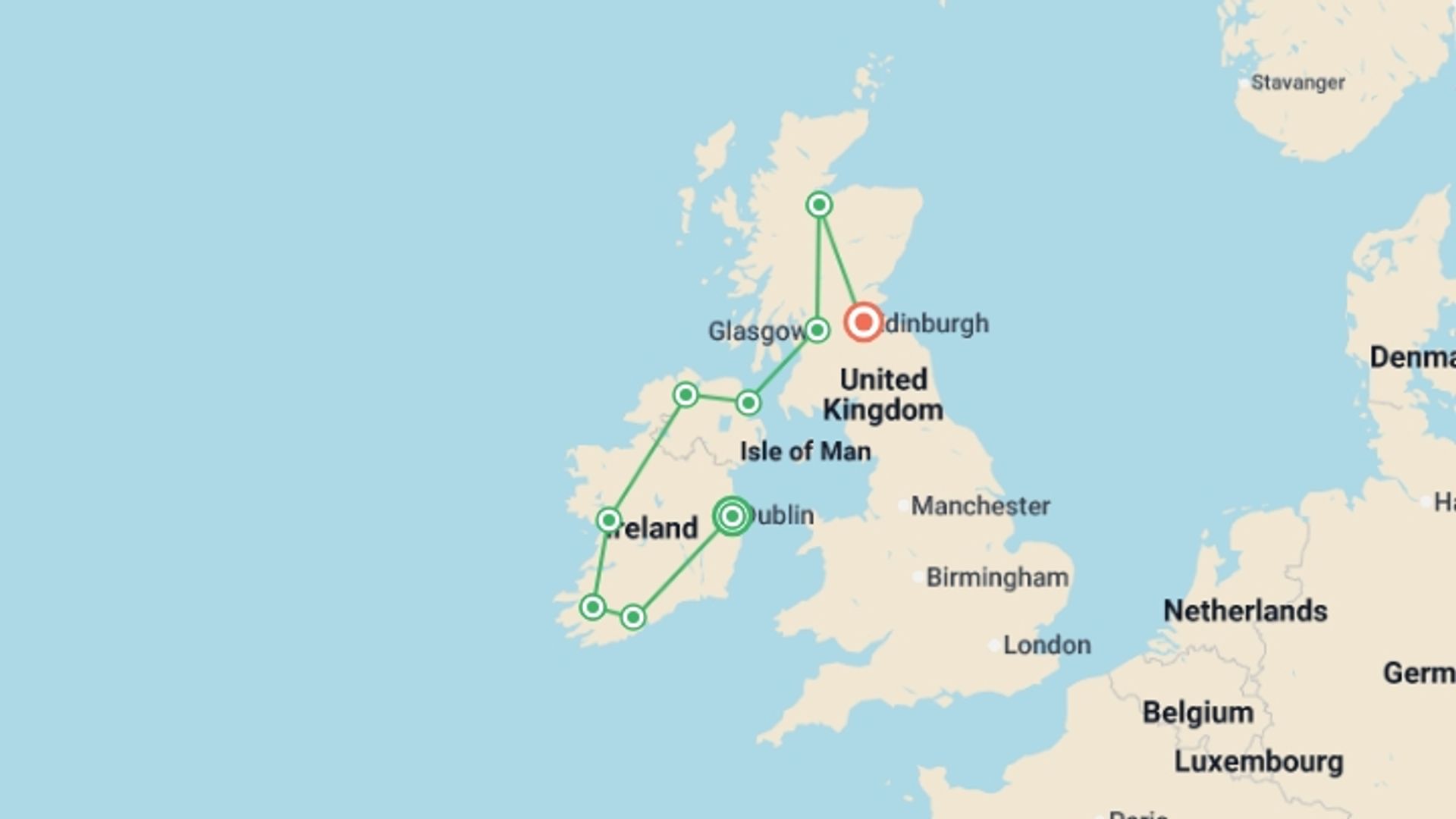 A map showing the tour itinerary for the trip: Best of Ireland and Scotland - Small Group , starting in Dublin, Ireland and ending in Edinburgh, Scotland going through 7 other destinations.