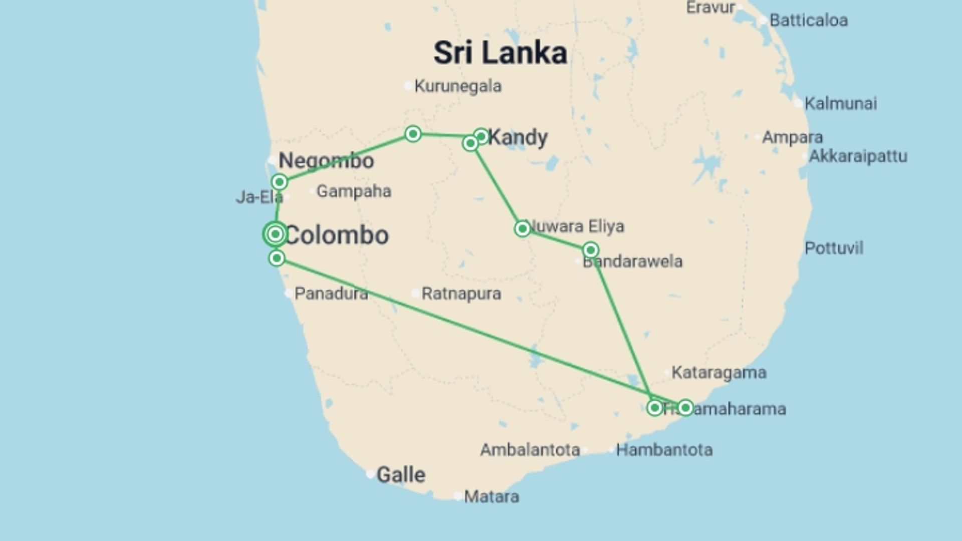 A map showing the tour itinerary for the trip: Sri Lanka Highlights, starting in Colombo, Sri Lanka and ending in Colombo, Sri Lanka going through 5 other destinations.