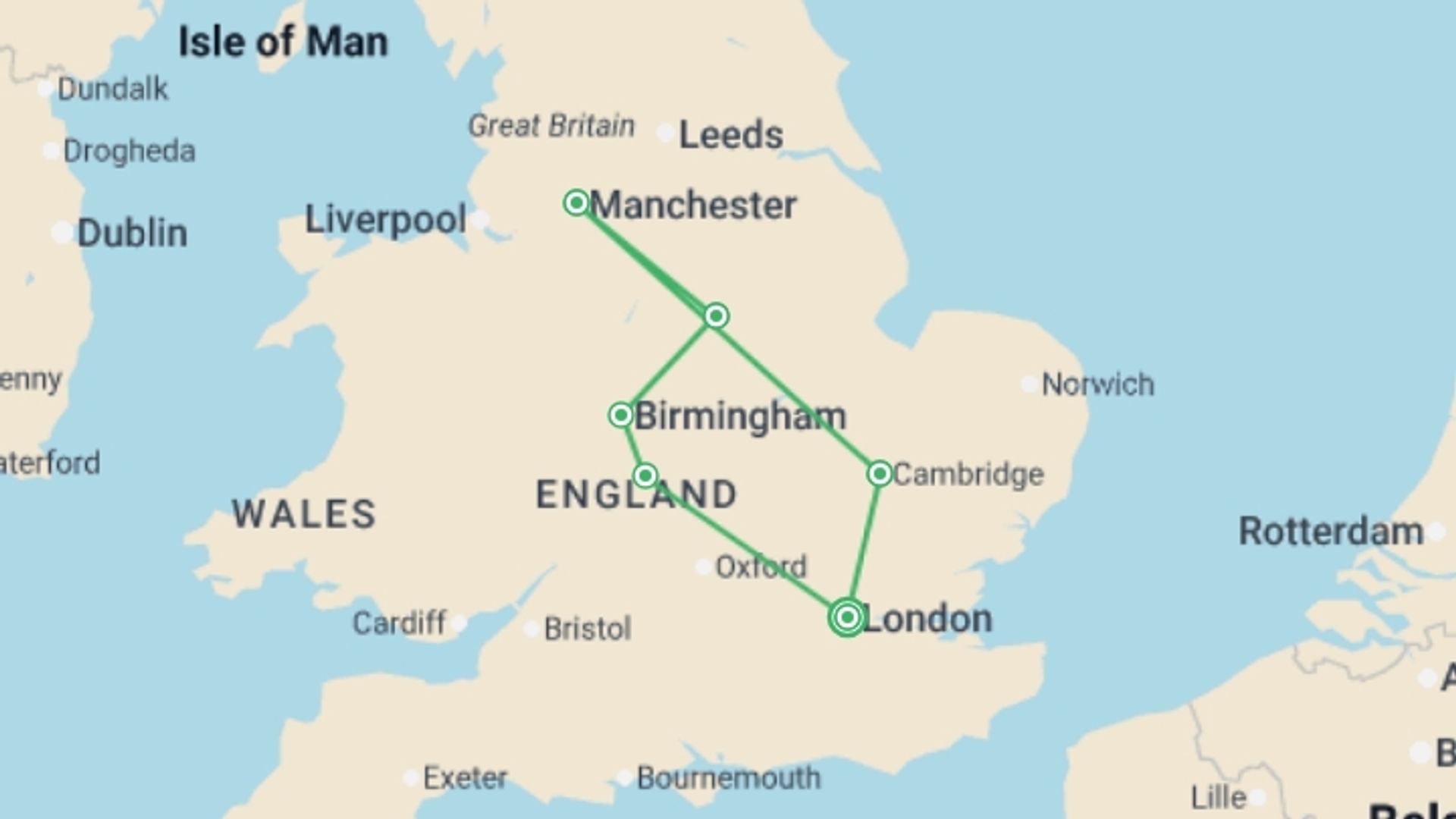 A map showing the tour itinerary for the trip: English Adventure, starting in London, England and ending in London, England going through 5 other destinations.