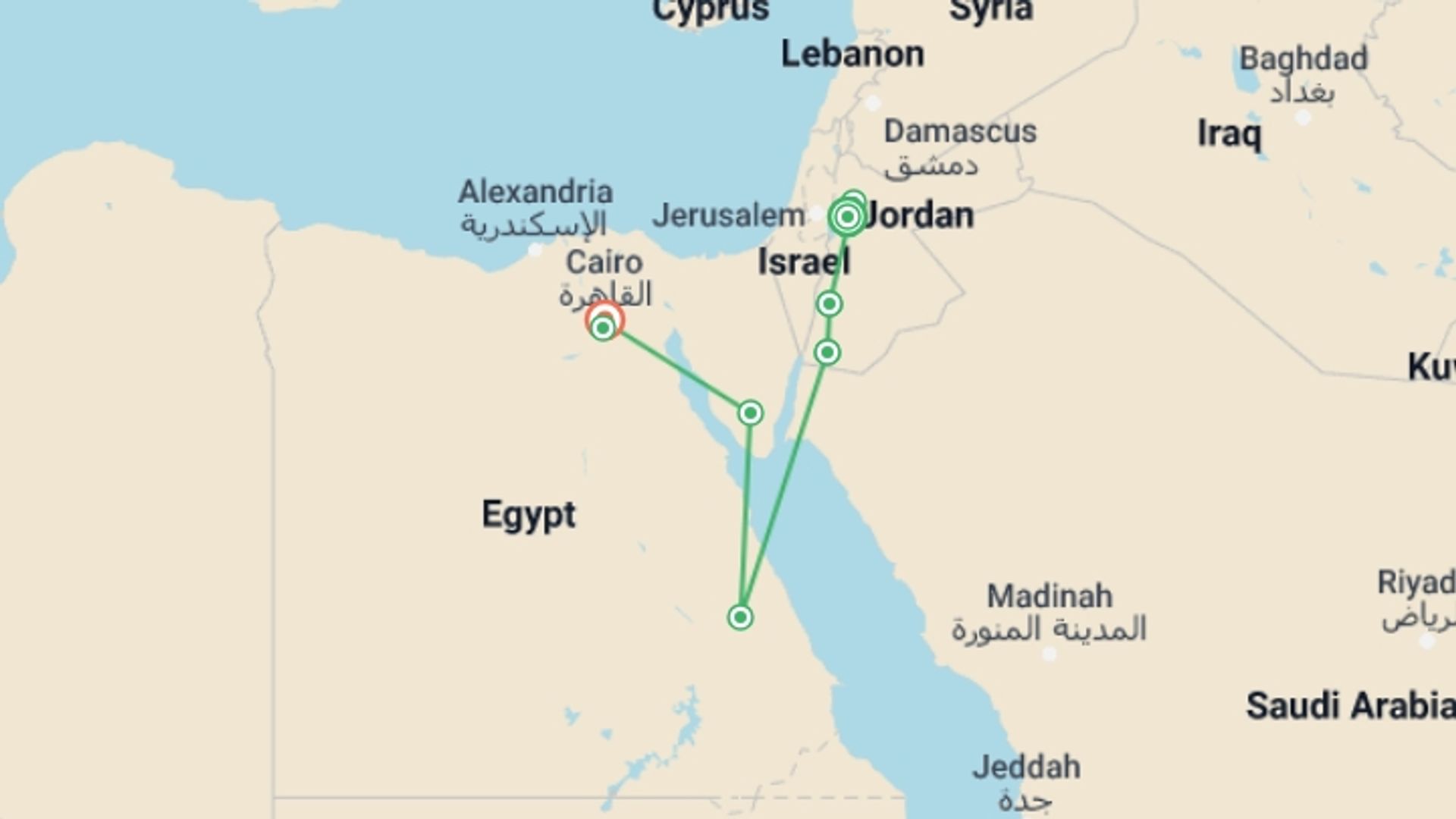 A map showing the tour itinerary for the trip: Bedouin Trails of Jordan & Egypt, starting in Madaba, Jordan and ending in Cairo, Egypt going through 6 other destinations.