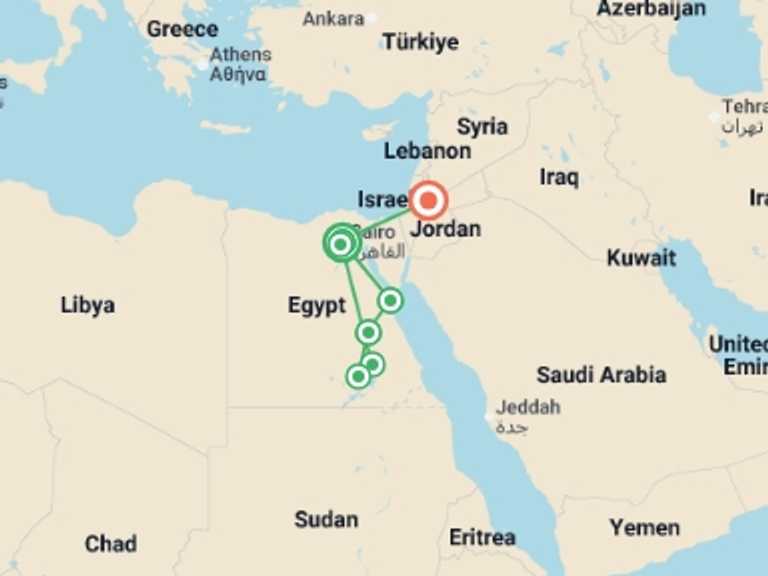 Map itinerary of Giza Tour in December 2026 with 7 destination visits for the trip: Egypt & Jordan Adventure with Felucca Cruise