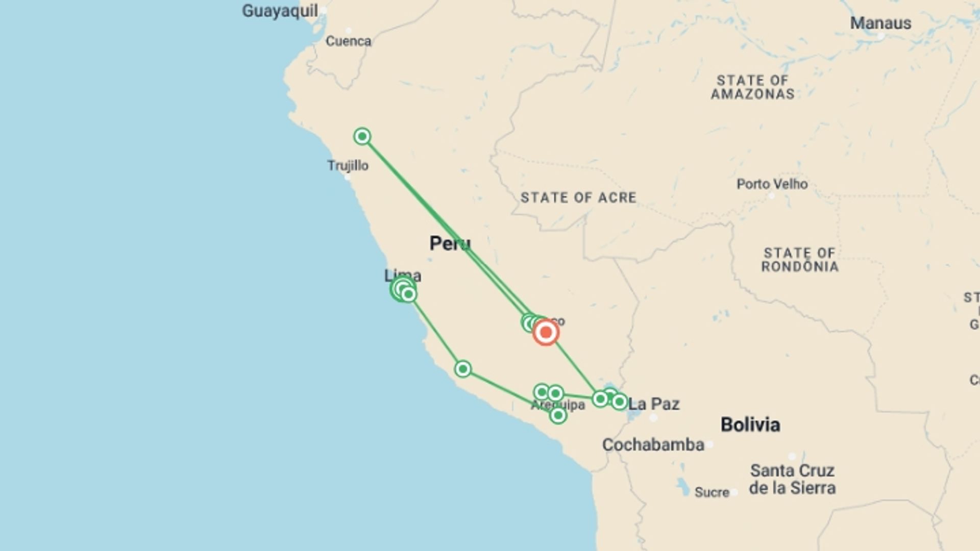 A map showing the tour itinerary for the trip: Peru In Depth and the Inca Trail, starting in Lima, Peru and ending in Cusco, Peru going through 13 other destinations.