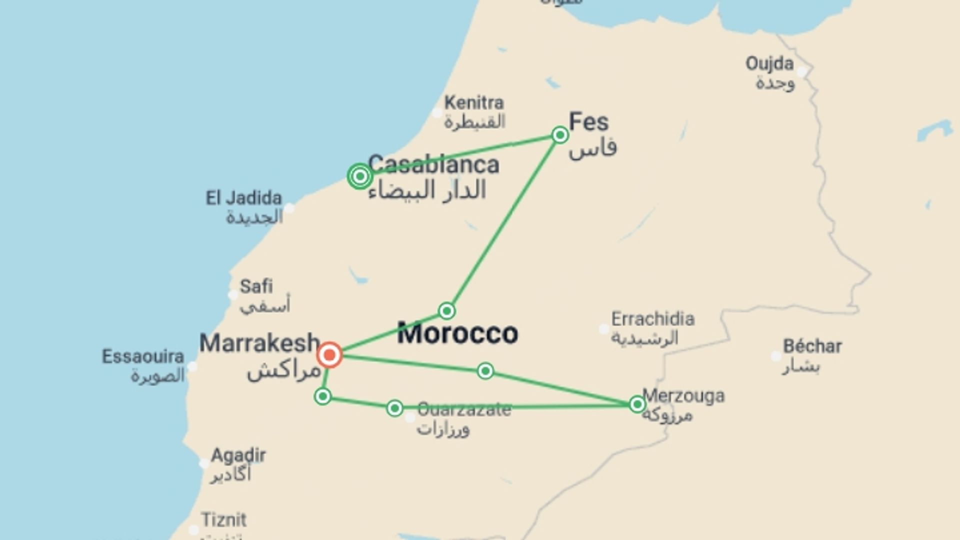 A map showing the tour itinerary for the trip: Morocco North and South: Mountain Villages and Ancient Kasbahs, starting in Casablanca, Morocco and ending in Marrakech, Morocco going through 6 other destinations.