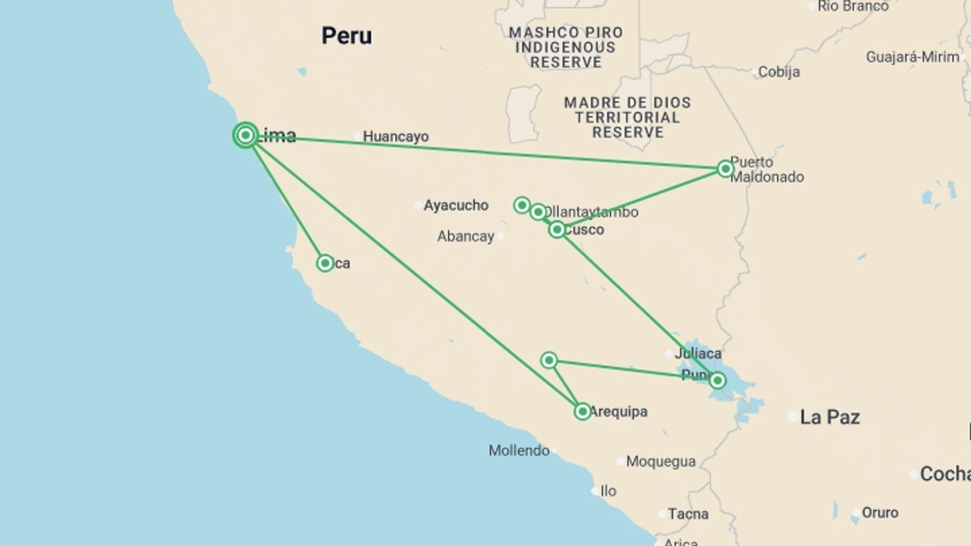 A map showing the tour itinerary for the trip: Premium Peru in Depth with Ica Valley, starting in Lima, Peru and ending in Lima, Peru going through 8 other destinations.