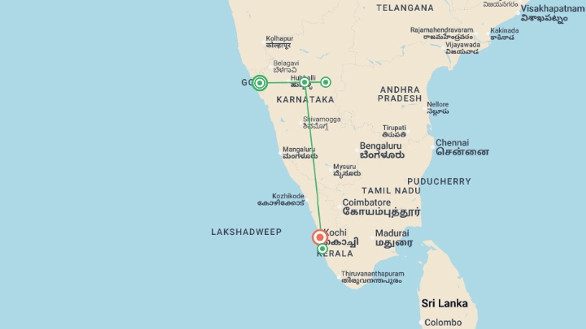 A map showing the tour itinerary for the trip: South India Highlights, starting in Goa, India and ending in Kochi, India going through 3 other destinations.
