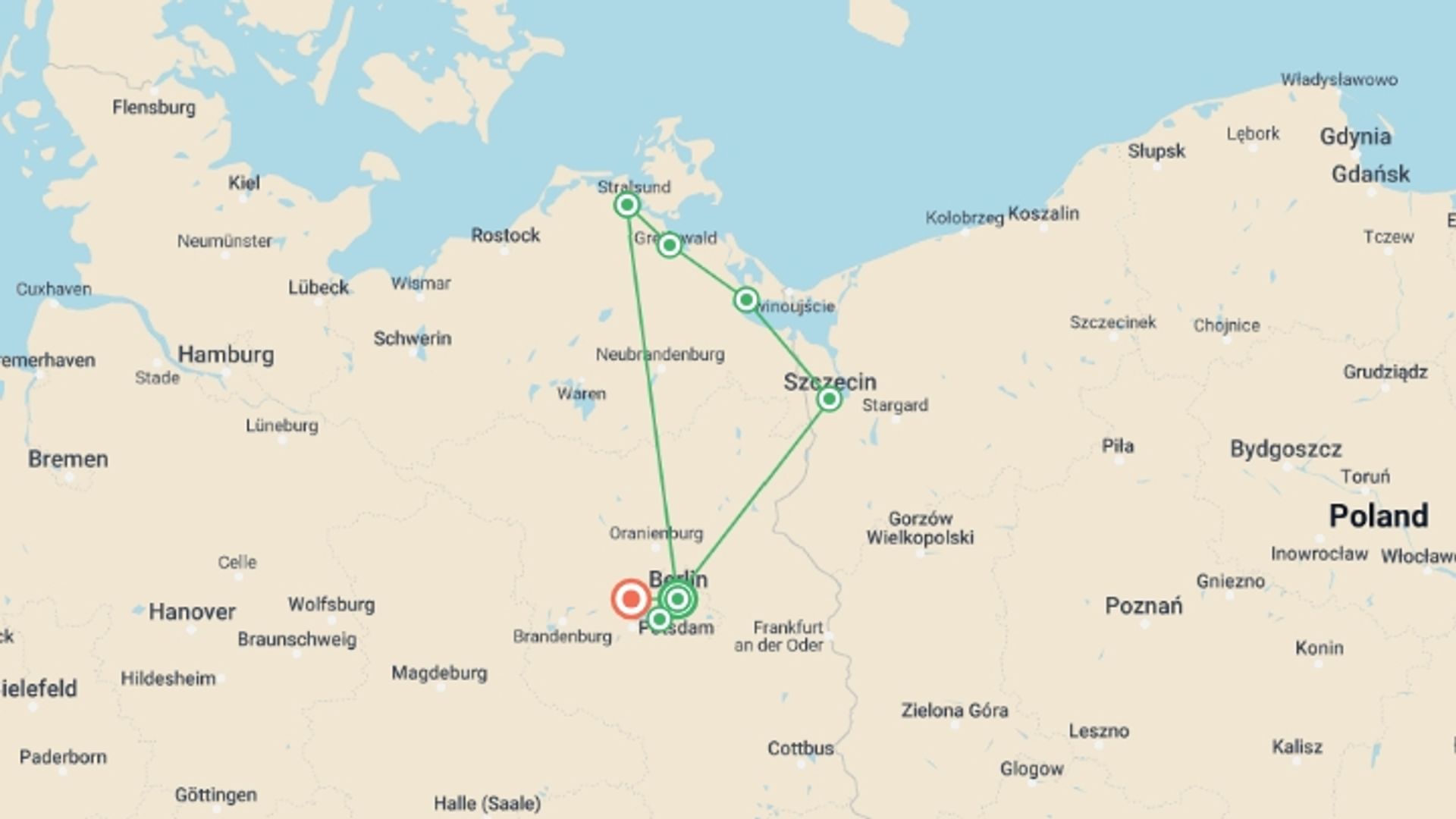 A map showing the tour itinerary for the trip: From Stralsund to Berlin: The Baltic Sea and the Oder and Havel Rivers (port-to-port cruise), starting in Berlin, Germany and ending in Spandau, Germany going through 5 other destinations.