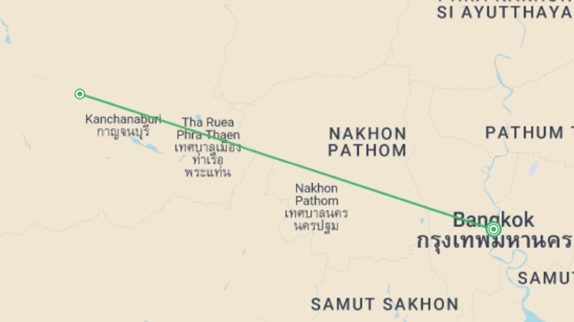 A map showing the tour itinerary for the trip: Authentic Gastronomy Experience, Private Tour, starting in Bangkok, Thailand and ending in Bangkok, Thailand going through 1 other destinations.