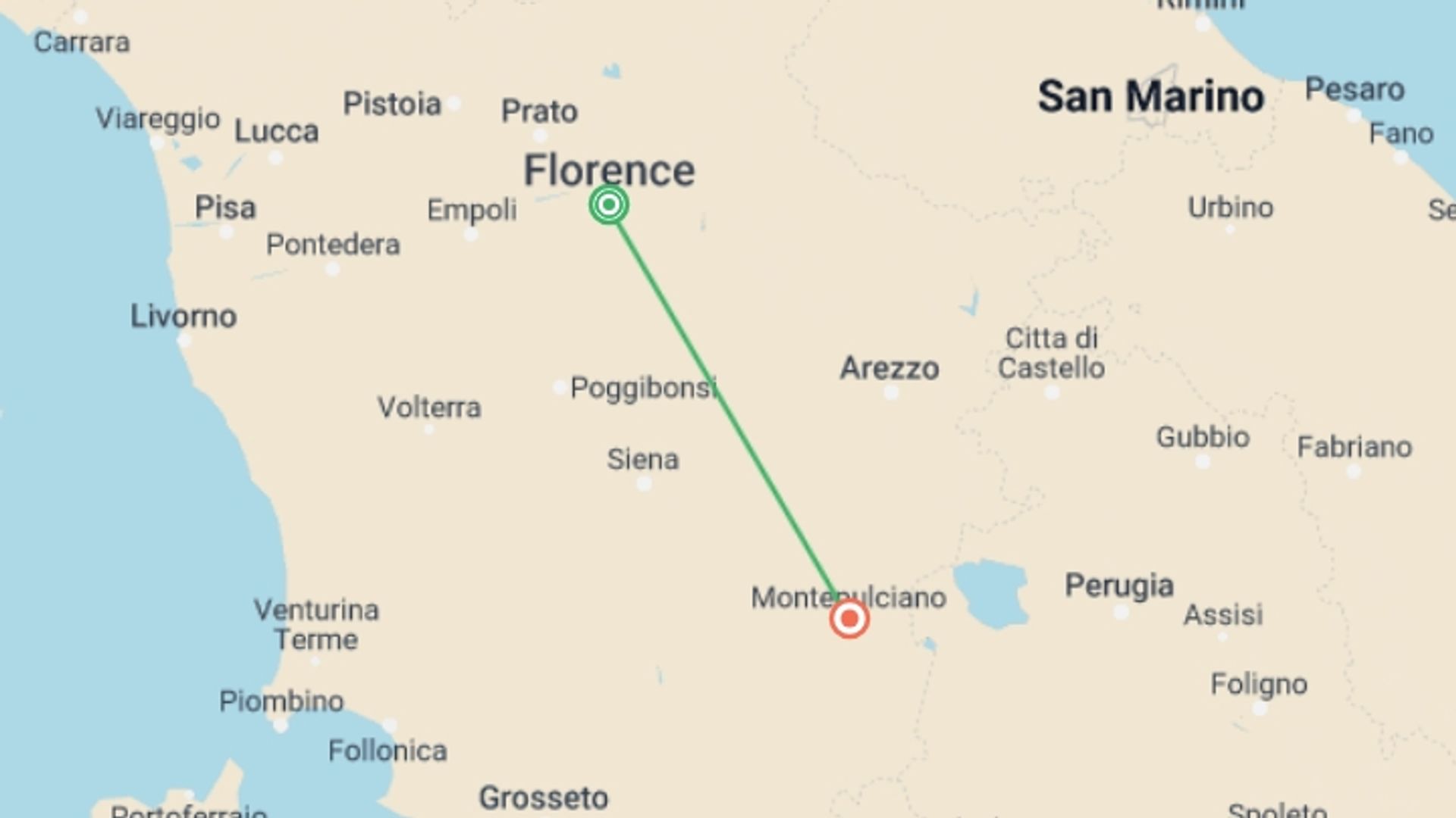 A map showing the tour itinerary for the trip: Treasures of Tuscany, starting in Florence, Italy and ending in Montepulciano, Italy going through 1 other destinations.